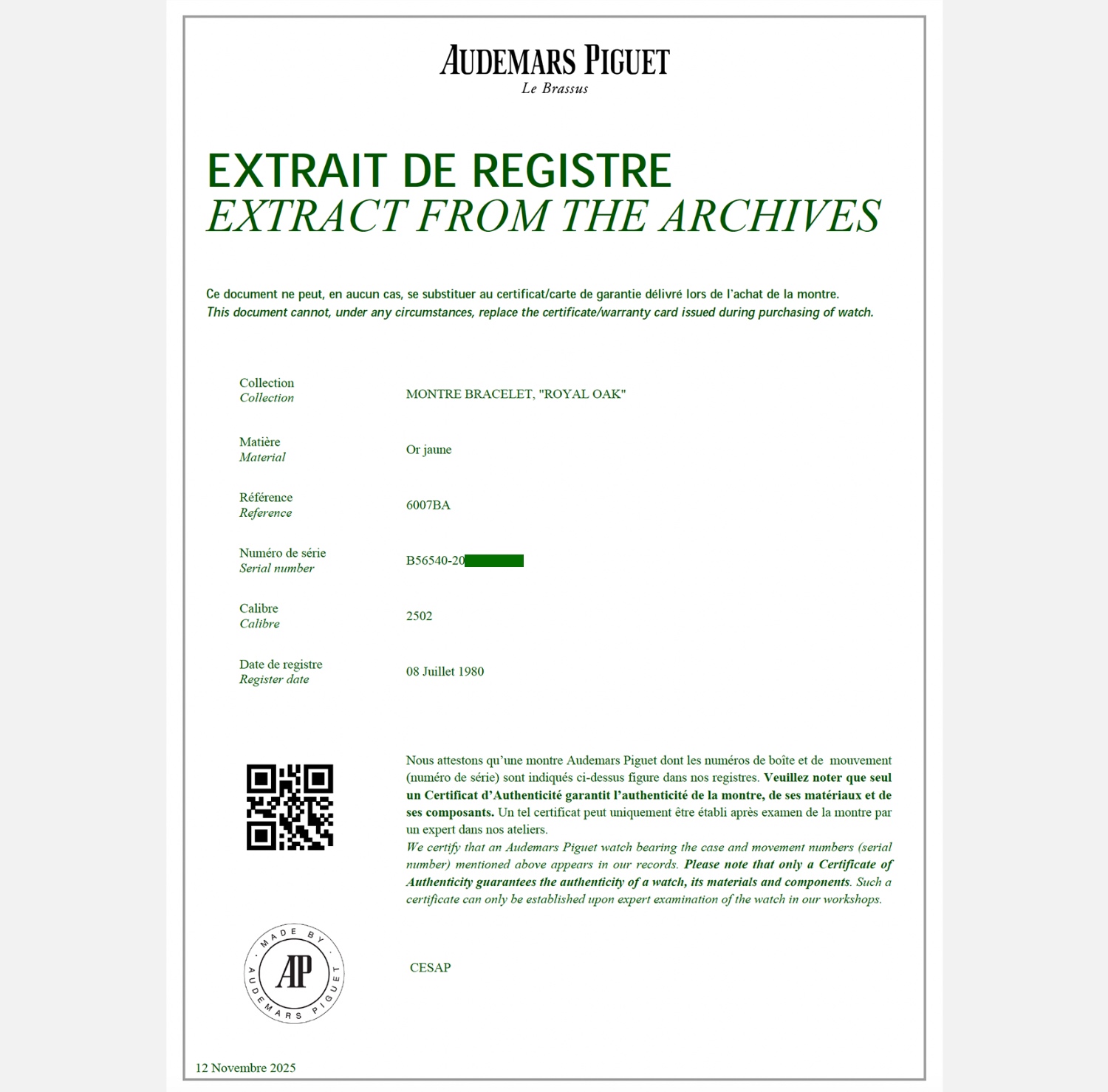 Audemars Piguet Royal Oak 6007BA yellow gold 18k extrait-archives-6007BA